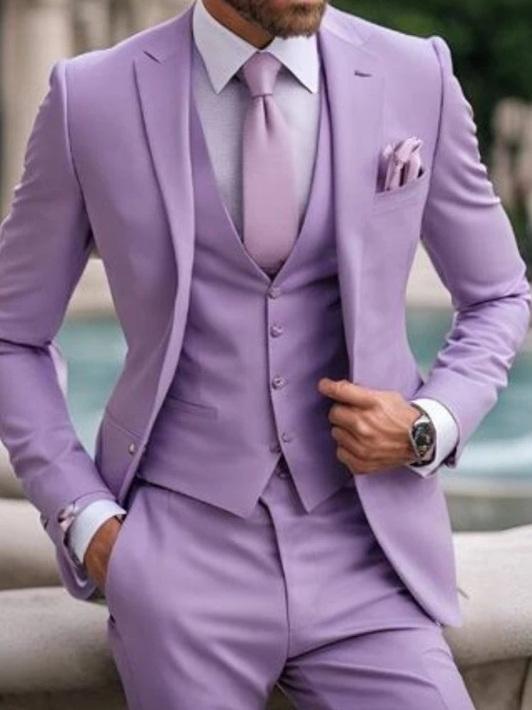 Light Purple Stylish 3 Piece Suits for Men Classic Formal Elegant Male Wedding Groomsman Tuxedos Bespoke Blazer Vest Pants