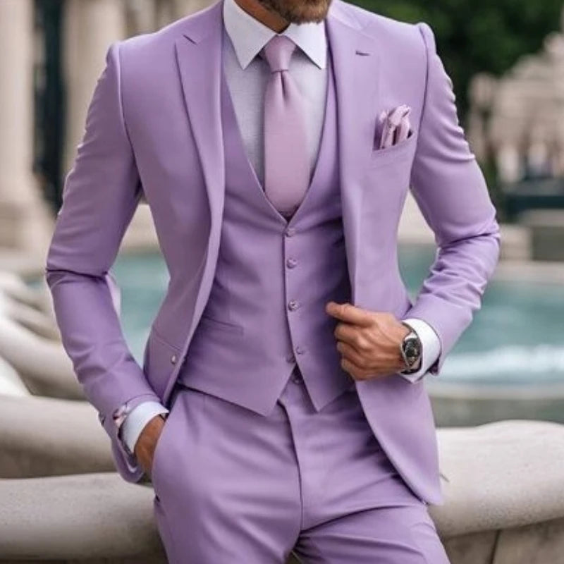 Light Purple Stylish 3 Piece Suits for Men Classic Formal Elegant Male Wedding Groomsman Tuxedos Bespoke Blazer Vest Pants