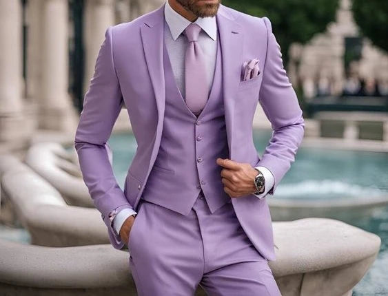 Light Purple Stylish 3 Piece Suits for Men Classic Formal Elegant Male Wedding Groomsman Tuxedos Bespoke Blazer Vest Pants