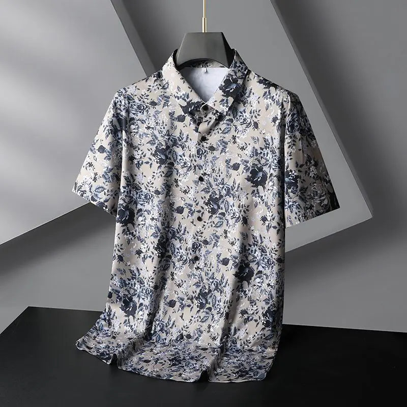 Silk Fabric Printing Summer Men's Fashion Loose Short Sleeve Shirt - Price MVR490/- Delivery 15-25 days